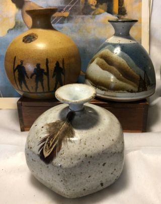 3 Vtg Estate Studio Art Pottery Weed Pot Bud Vases Signed Southwest Tribal Mcm