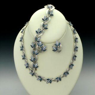 Vintage 50s Trifari Blue Rhinestone Silver Leaf Earrings Bracelet Necklace Set