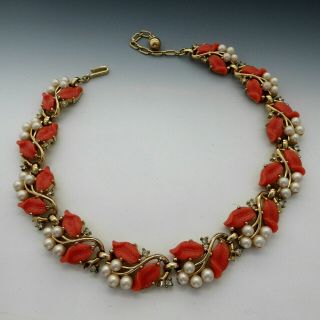 Vintage Trifari Coral Molded Glass Leaves Pearl Rhinestone Gold Plated Necklace