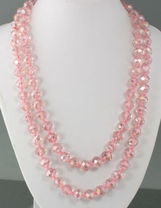 Vintage 70’s Long Pink Aurora Borealis Ab Crystal Glass Bead Necklace
