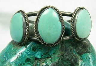 Vintage Navajo 3 Stone Green Turquoise Sterling Silver Cuff Bracelet