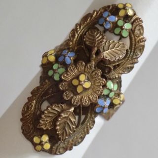 Antique Art Deco Brass Enamel Flower Leaf Ring