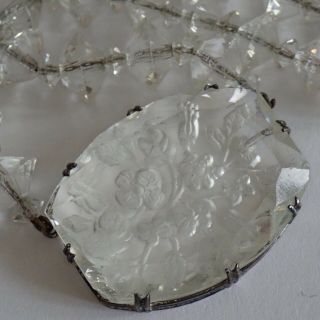 Antique Art Deco Sterling Silver Reverse Carved Crystal Glass Flower Necklace