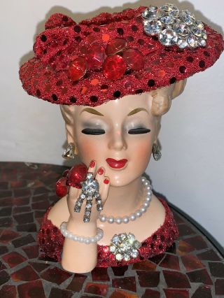 Napco Lady Head Vase Red Gem Stone Jeweled Doll Headvase Vintage C3307 Ooak