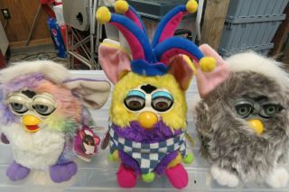 3 Vintage Furbies,  gray one with pink ears one 3