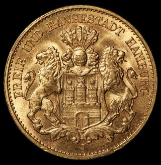 1912 - J Germany Hamburg 10 Mark Gold Coin - Bu Unc - Rare Key Date - Km 608