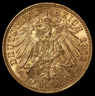 1912 - J Germany Hamburg 10 Mark Gold Coin - BU UNC - RARE Key Date - KM 608 2