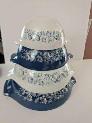 Vintage Pyrex Colonial Mist Cinderella Mixing Bowl Set Blue White Flowers