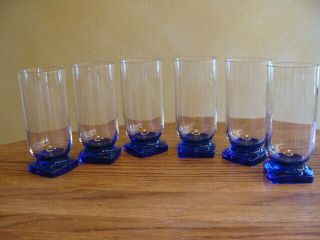 6 Vintage 16 Oz Coolers Tumblers Glasses Clear Glass To Cobalt Blue Square Base