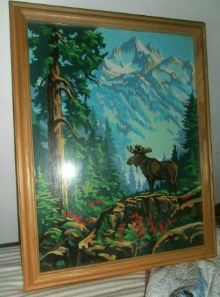Moose Paint By Number Moose Mountains Vintage Pbn 12 " X 16 Wood Framed W/ Glass