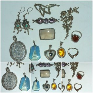 Vintage Silver Jewellery Joblot Locket Brooch Earring Pendant Ring 68g Not Scrap