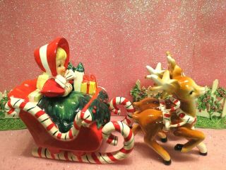 Vtg Lefton Red Christmas Shopper Girl W Gifts Candy Cane Sleigh W Two Reindeer
