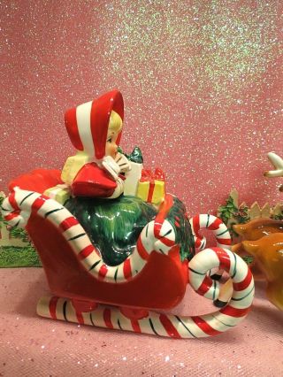 Vtg Lefton Red Christmas Shopper Girl w Gifts Candy Cane Sleigh W Two Reindeer 2