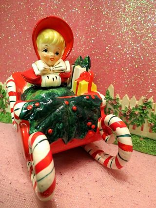 Vtg Lefton Red Christmas Shopper Girl w Gifts Candy Cane Sleigh W Two Reindeer 4