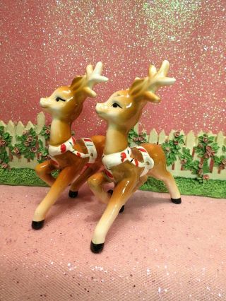 Vtg Lefton Red Christmas Shopper Girl w Gifts Candy Cane Sleigh W Two Reindeer 5