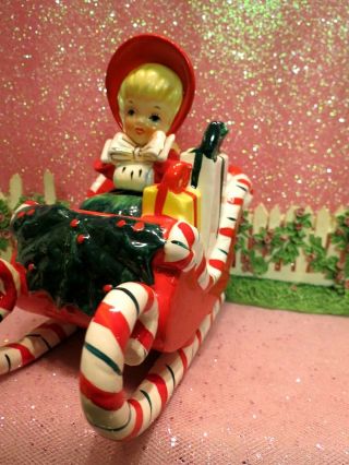 Vtg Lefton Red Christmas Shopper Girl w Gifts Candy Cane Sleigh W Two Reindeer 6