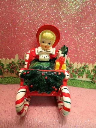 Vtg Lefton Red Christmas Shopper Girl w Gifts Candy Cane Sleigh W Two Reindeer 7