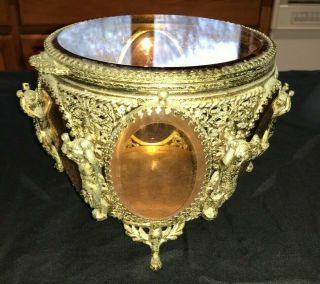 Vintage Ornate Filigree Ormolu Six Cherubs Beveled Goldtone Glass Jewelry Box