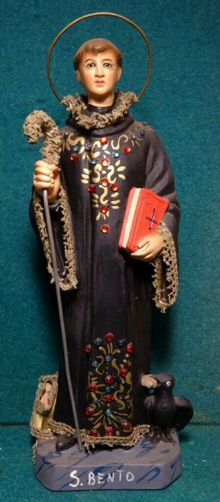 St Benedict W/ Crosier & Raven Vtg 10 " Chalkware Statue