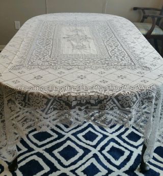 Vintage Hand Made Crochet Tablecloth 85 " X 65 " Rectangle Elegant Ivory