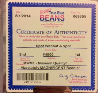 Authenticated Rare Mwmt - Mq 2nd/1st Spot With No Spot Beanie Baby