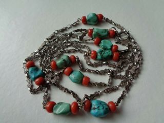 Long Victorian Old Antique Turquoise & Coral Sterling Silver Necklace 38 "