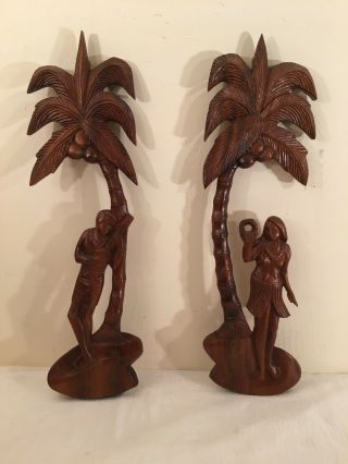 Pair Vintage Carved Wood Tiki Hawaiian Figural Wall Plaques Palm Tree