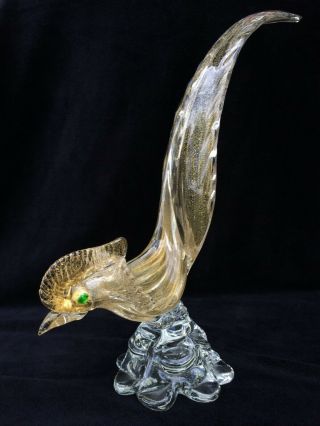 Huge 15 " Vintage Murano Italy Gold Fleck Emerald Green Bird Pheasant Art Glass