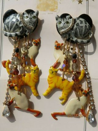Vintage Signed Lunch At The Ritz " Alley Cats Earrings " For Cat Lovers Earrings
