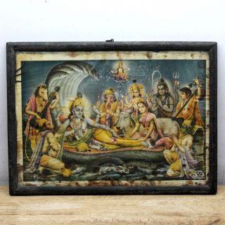 Vintage Hindu Religious Lord With Sesh Naag Litho Print With Frame 49