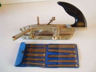 Vintage Record Made In England Model 044c Plough Plane & 10 Cutters Old Tool