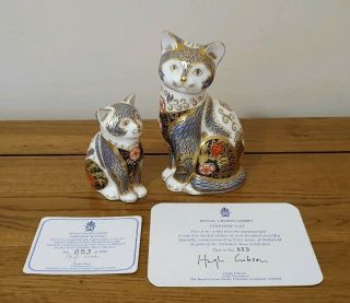 Very Rare Royal Crown Derby Fireside Cat & Kitten Paperweights - Ltd Editions.