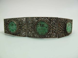Antique Chinese Silver On Copper Bracelet With Moss On Snow Jadeite Jade Plaques