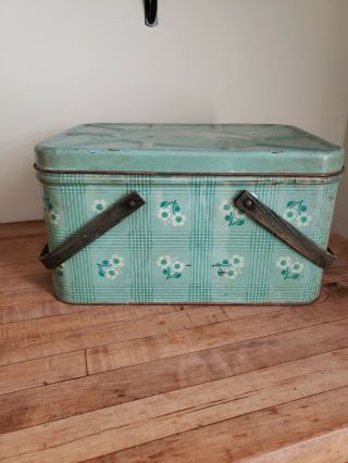 Vintage Pretty Turquoise Floral Metal Picnic Basket With Wood Handles