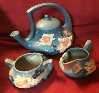 Teapot Sugar Bowl Creamer Set Magnolia Roseville Art Pottery 4 3 Blue Vintage