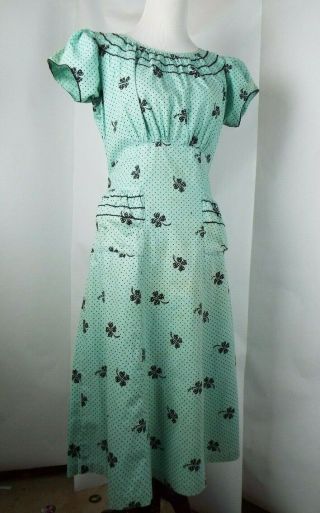 Vintage 40s Wwii Green Summer Day Dress Polka Cotton Frock Puff Sleeves