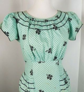 Vintage 40s WWII Green Summer Day Dress Polka Cotton Frock Puff Sleeves 2