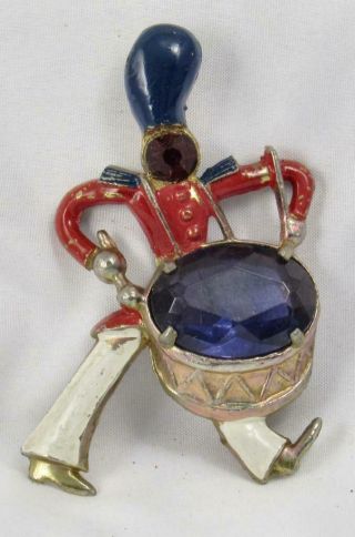 1930s Art Deco Enamel & Rhinestone Figural Marching Drummer Pin Signed