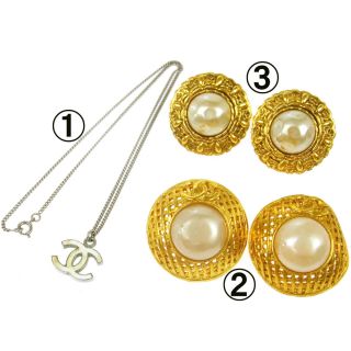 Authentic Chanel Vintage Cc Logos Necklace Imitation Pearl Earrings 3 Set T03971