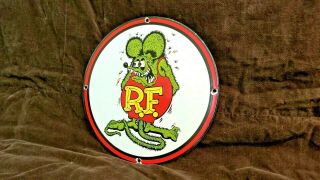 Vintage Rat Fink Gasoline Porcelain Gas Automobile Ed Roth Ford Chevy Mod Sign