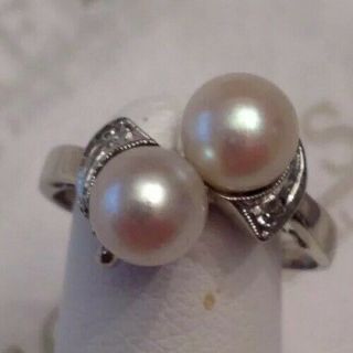 Vintage 14k White Gold Double Akoya Cultured Pearl& Diamond Bypass Ring Sz 6.  75