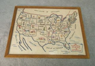 Handmade Needlepoint Usa Map - (vintage Embroidered/cross Stitch America State)