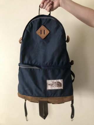 Vintage The North Face Leather Bottom Backpack Blue & Tan Nylon Brown Label