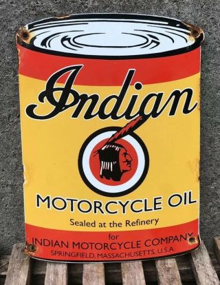 Vintage Indian Motorcycle Oil Can Porcelain Sign Service Station Gas Pump Plate