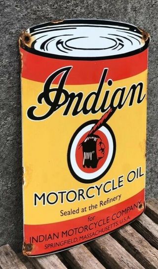 VINTAGE INDIAN MOTORCYCLE OIL CAN PORCELAIN SIGN SERVICE STATION GAS PUMP PLATE 2