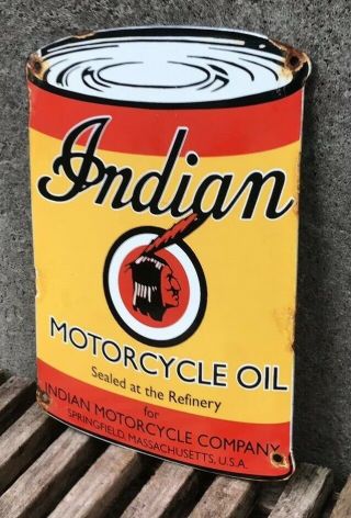 VINTAGE INDIAN MOTORCYCLE OIL CAN PORCELAIN SIGN SERVICE STATION GAS PUMP PLATE 3