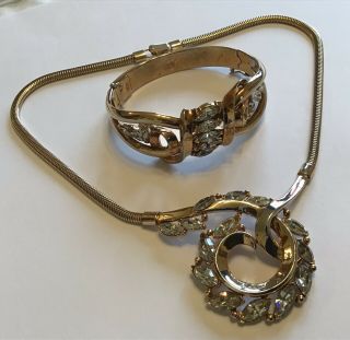 Vintage Crown Trifari Signed Clear Rhinestone Necklace & Bracelet R7