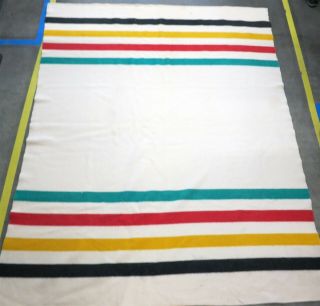 Vintage Wool Blanket Cream Striped Green Red Black Yellow 85 " X 72 "