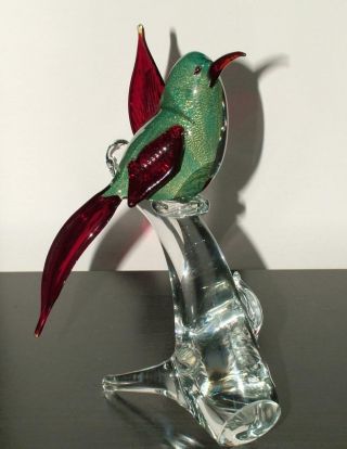 Vintage Vetro Artistico Murano Glass 9 " Hummingbird Bird On A Branch Gold Fleck