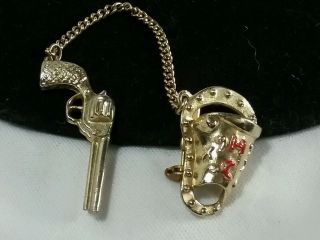 Vintage Estate Gold Hopalong Cassidy Collectible Pistol Chain Holster Brooch Pin